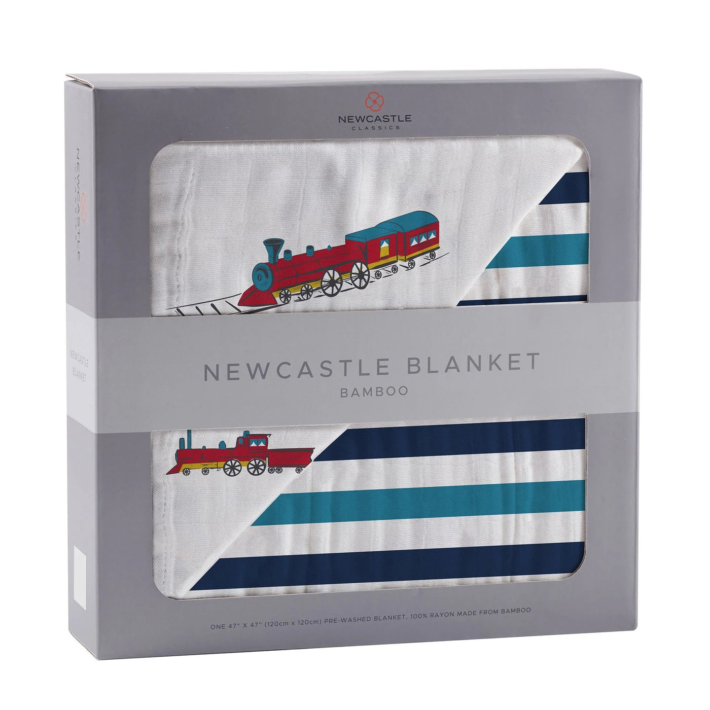 Vintage Steam Trains and Blue Stripe Bamboo Muslin Newcastle Blanket